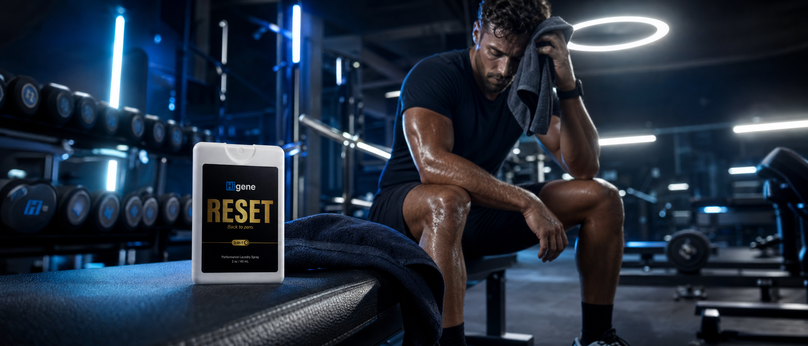 Higene hero banner - athlete in gym with Higene RESET spray